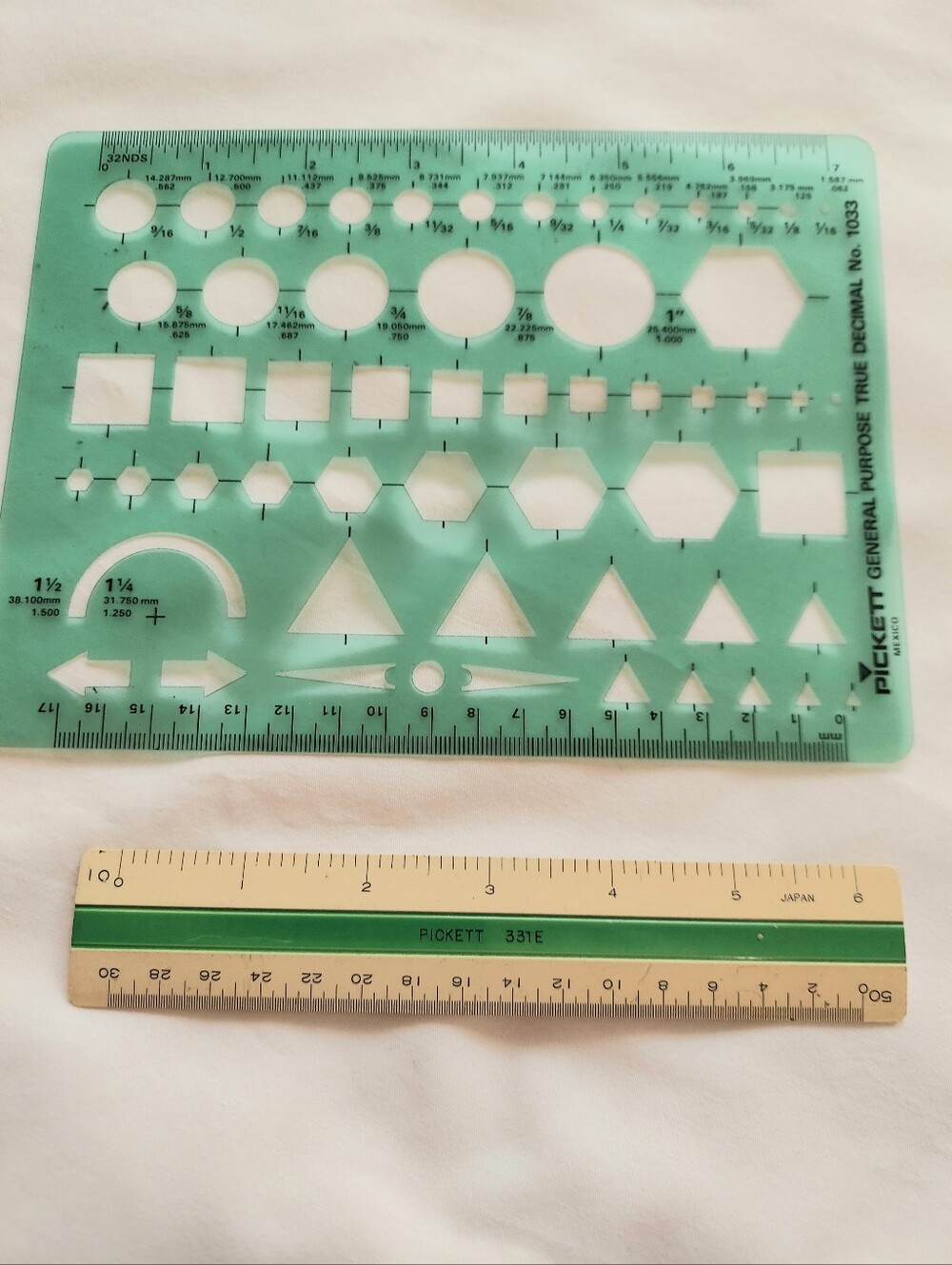 Vntg Pickett Drafting Tools- 2 Pieces- 331E Ruler & True Decimal Template # 1033